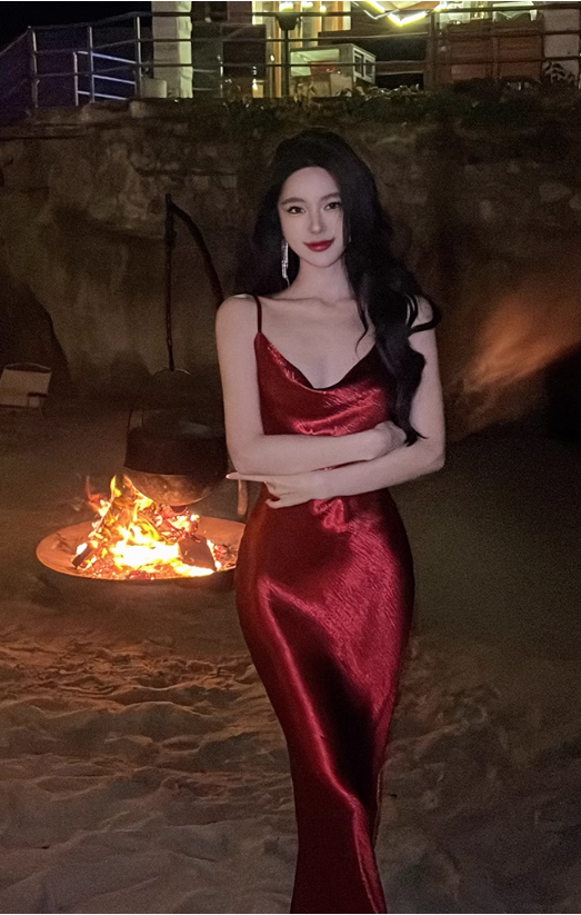 Retro suspenders red acetate swing collar hip-wrapped backless slim holiday inner skirt R1432