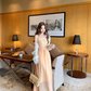 Solid color square neck lace suspender dress summer French retro temperament loose slim skirt R4663