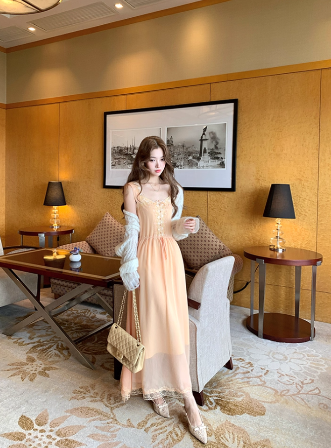 Solid color square neck lace suspender dress summer French retro temperament loose slim skirt R4663