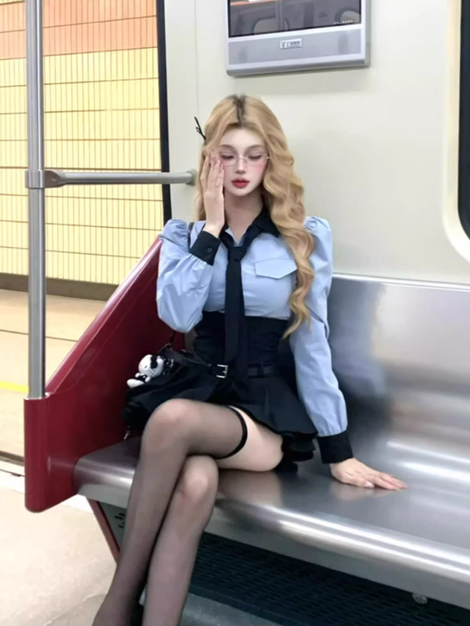 College style shirt women 2025 large size design high waist skirt suit R1038