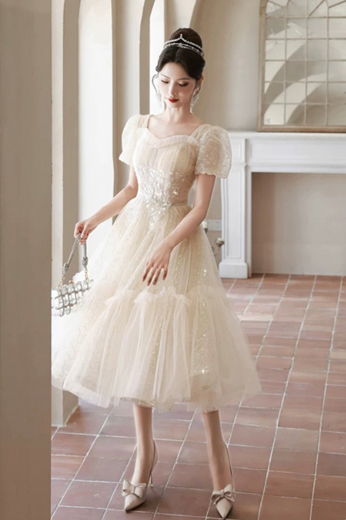 Charming Ivory Beaded A-line Square Corset Maxi Birthday Dress Evening Dress RS500