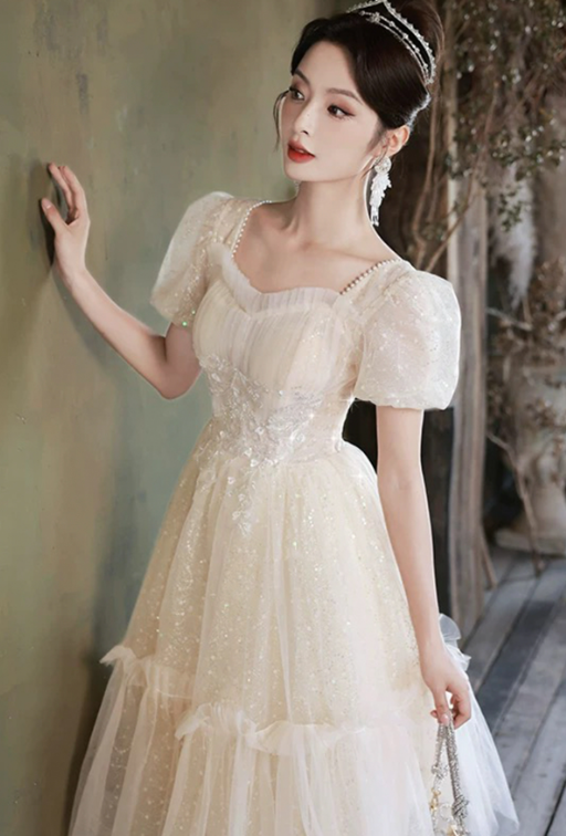 Charming Ivory Beaded A-line Square Corset Maxi Birthday Dress Evening Dress RS500