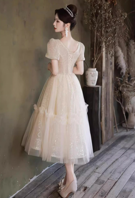 Charming Ivory Beaded A-line Square Corset Maxi Birthday Dress Evening Dress RS500