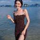 Dress French retro black bottom small red flower print slim backless suspender long dress R2928
