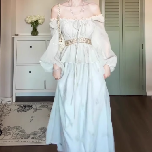 Gentle temperament blue one-shoulder dress beautiful waist A-line long skirt R0666