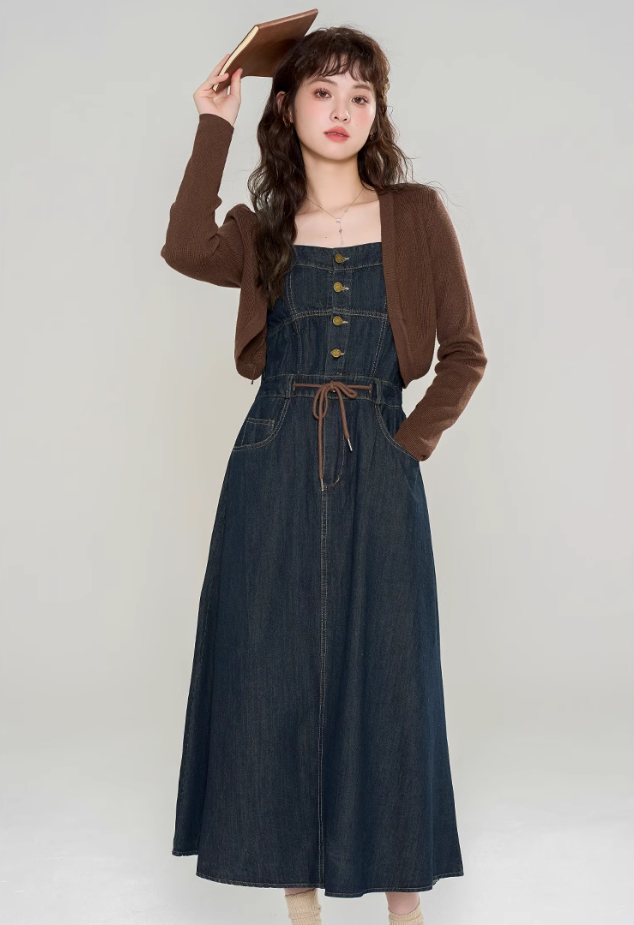 Knitted cardigan with denim suspender dress new high-end suit skirt two-piece set R2400