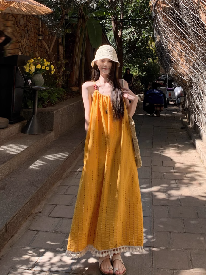 Artistic forest style layered beaded suspender long skirt travel wear dress knitted vest two-piece suit R1731