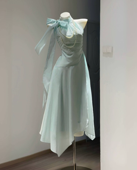 Fresh Mint Green Summer Dress A-Line High Collar Corset Maxi Prom Dress RS701
