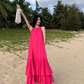 Seaside holiday style rose red white sleeveless dress high-grade layered pleated skirt R1582