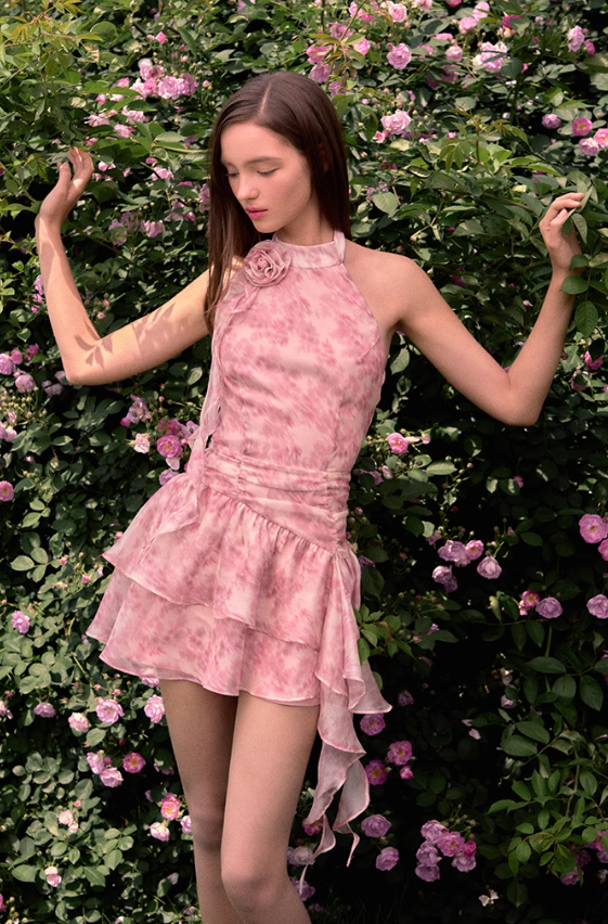 Halter Neck Printed Ribbon Dress Summer New Sleeveless Off Shoulder Vest Dress R3338