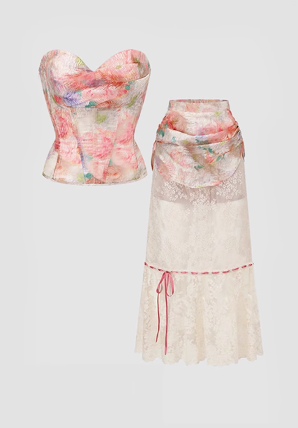 French oil painting style herringbone tube top 2025 lace patchwork skirt suit R1134