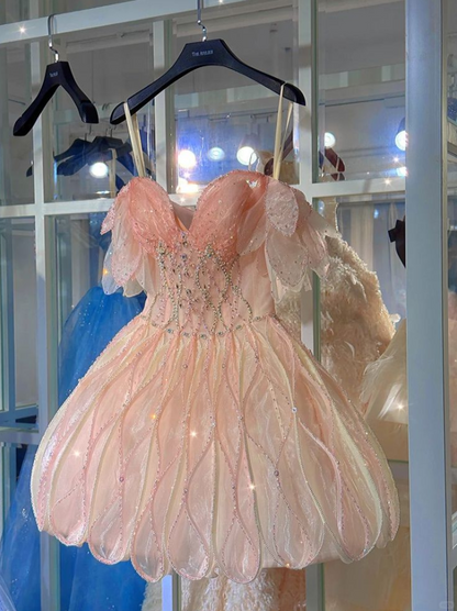 Cute Pink Beaded Homecoming Dress A-Line Spaghetti Straps Mini Birthday Dress RS685