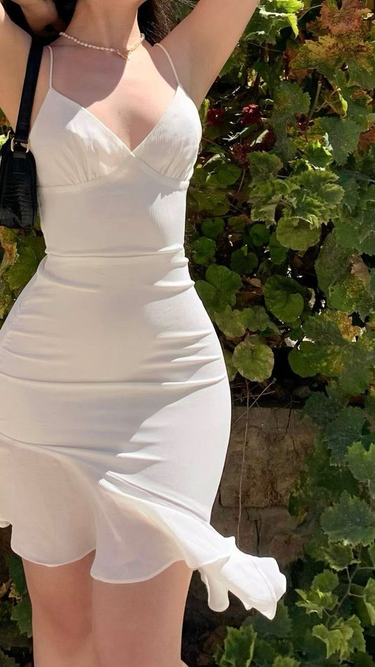 White suspenders waist hip-hugging slim skirt homecoming dress R3265