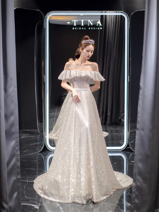 White sequined gentle style one shoulder waist slim A-line skirt bridal dress R6019