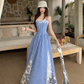 Fairy pure waist skirt suspenders plaid long skirt lace holiday style dress R1753