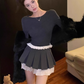 High-grade long-sleeved knitted bottoming shirt 2025 large size gray and white pleated skirt suit R1304