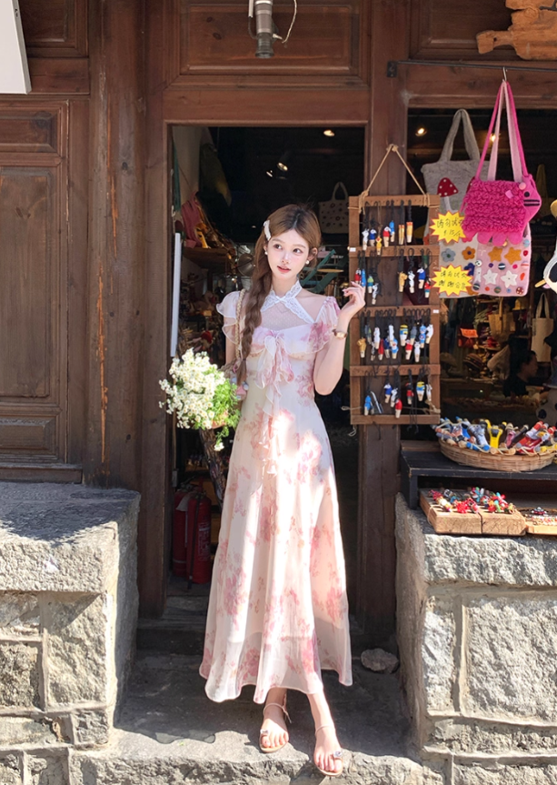 Long printed halter neck dress for women summer French style skirt R4831