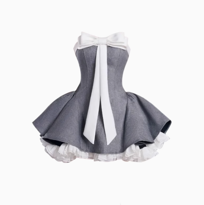 Ballet style bow tube top dress 2025 Thousand gold feeling waist puffy short skirt R1126