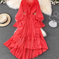 Spring super fairy seaside vacation ruffled high waist slim V-neck dress desert travel red long skirt R0329