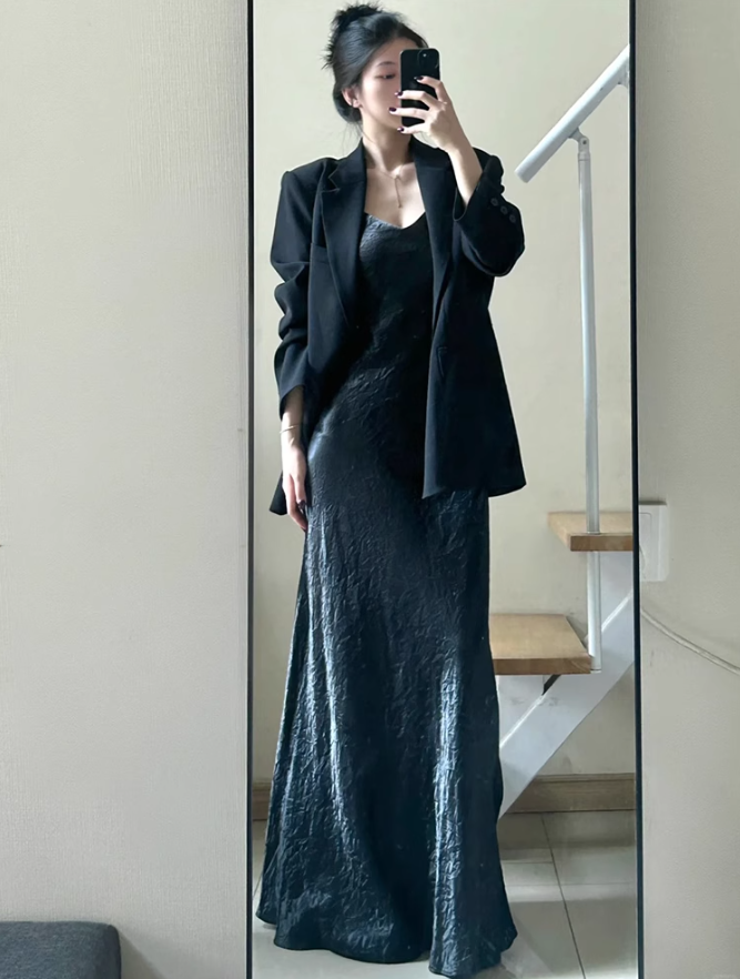 Large size French royal sister retro black suit jacket light luxury evening dress suspender skirt R1884