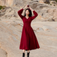 Red dress Hepburn style French retro v-neck petite long-sleeved red dress R1752