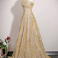 Charming Golden Glitter A-line Strapless Corset Maxi Prom Dress Evening Dress RS501