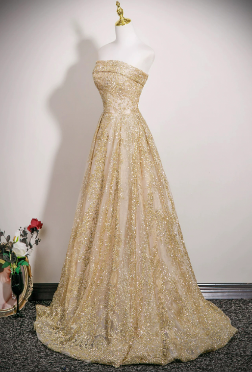 Charming Golden Glitter A-line Strapless Corset Maxi Prom Dress Evening Dress RS501