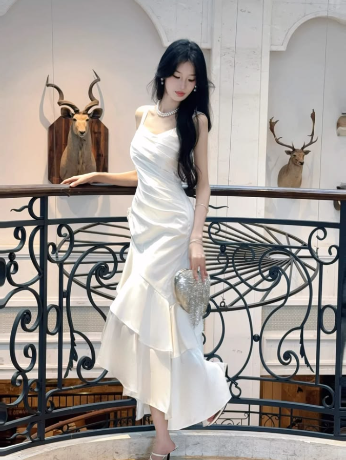 Stunning Silky Ruffled Prom Gown White Women's Maxi Evening Dress Party Dress RS2832