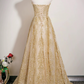 Charming Golden Glitter A-line Strapless Corset Maxi Prom Dress Evening Dress RS501