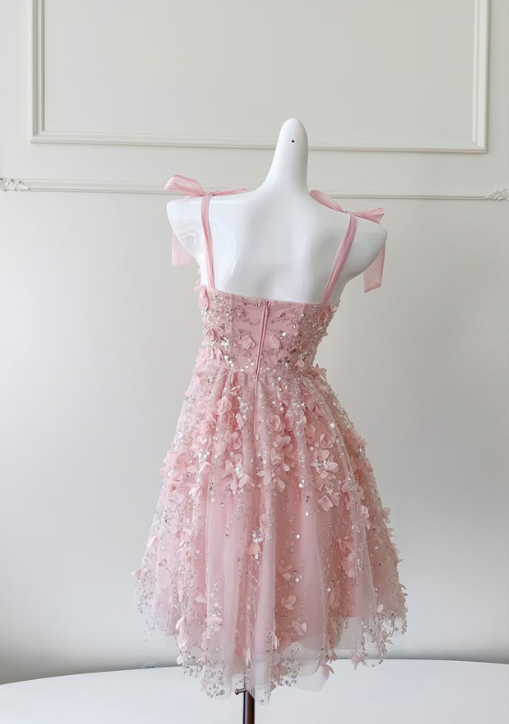 Sweet Pink Sequin Homecoming Dress A-Line Spaghetti Straps Applique Corset Mini Birthday Dress RS686