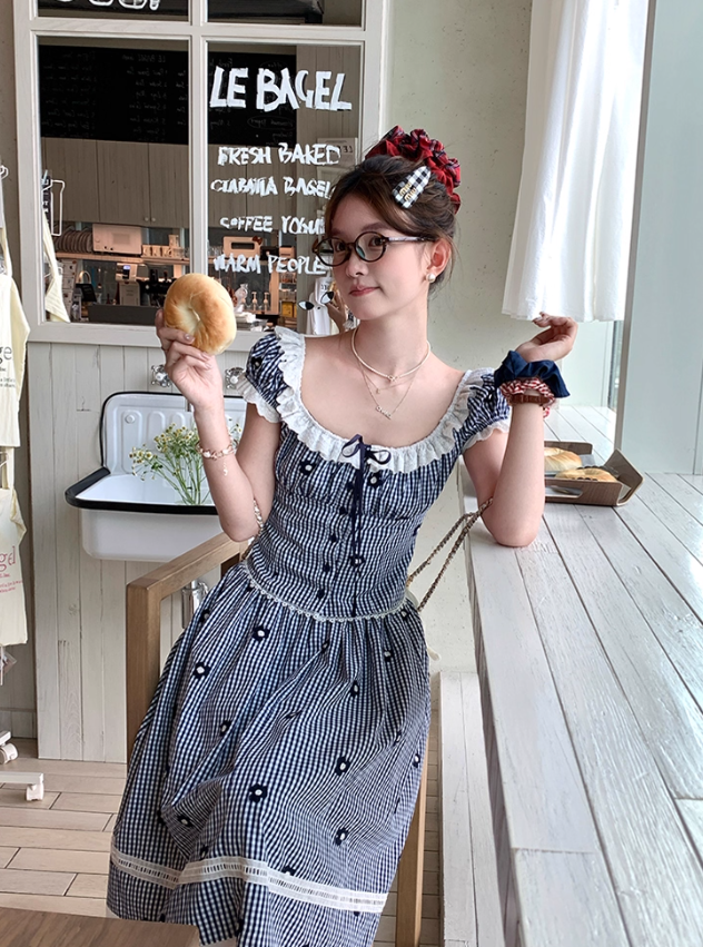 Women's summer French style two-piece square neck short striped short-sleeved top skirt suit R4912