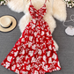 Beach dress super fairy seaside vacation long skirt V neck A line suspender dress R0342