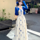 Large Size French Pure Contrast Embroidery Suspender Dress Cardigan Holiday Long Dress R1878