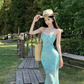 Beautiful step by step lotus fishtail dress sexy temperament holiday show figure suspender skirt R1568