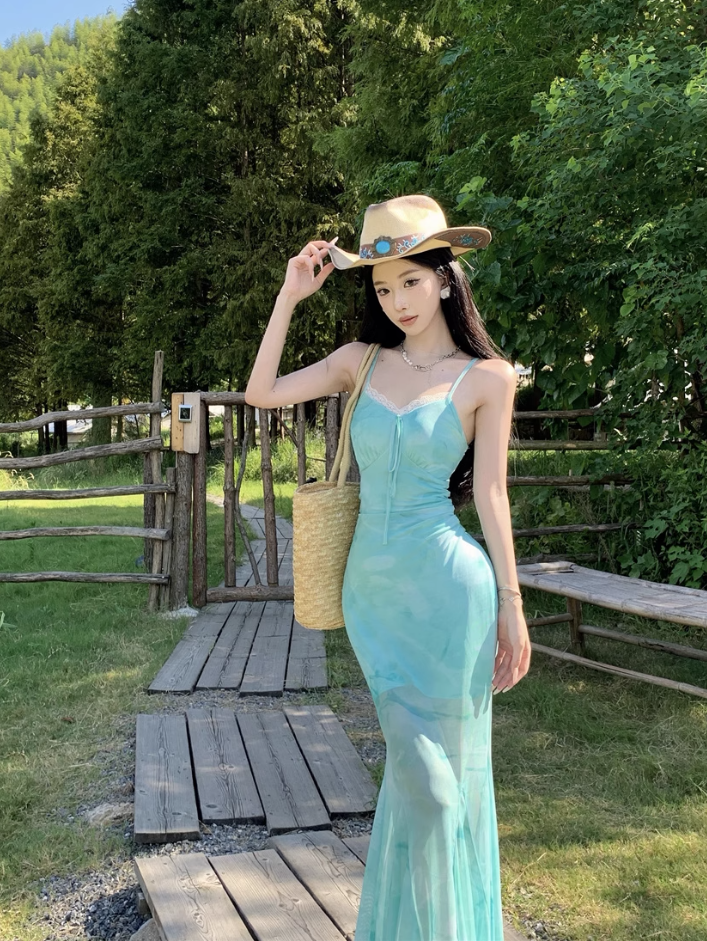 Beautiful step by step lotus fishtail dress sexy temperament holiday show figure suspender skirt R1568