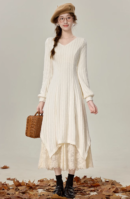 2025 new style white knitted dress with coat and sweater dress R1895