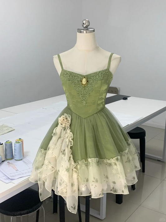 Elegant Bud Green Homecoming Dress A-Line Spaghetti Straps Lace Embroidery Mini Prom Dress RS688