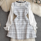 Little Chanel style celebrity temperament fake two-piece long-sleeved stand-up collar waist A-line coarse flower dress R0387