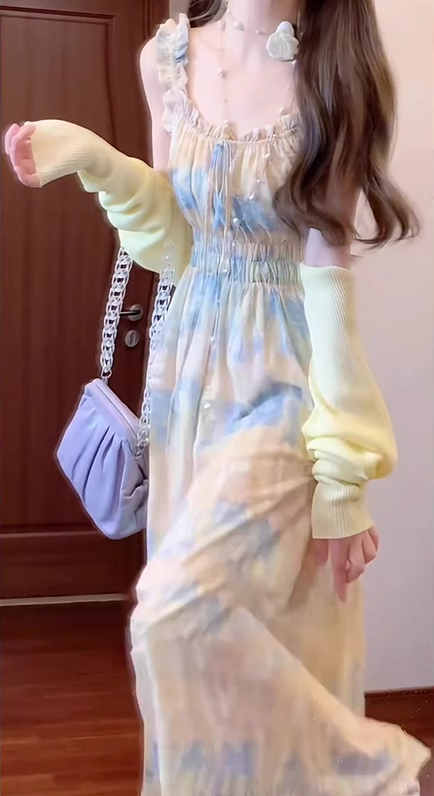 Gentle floral suspender dress holiday style beautiful waist A-line long skirt R0688