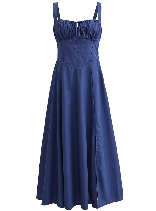 2025 Summer New Blue Slit Sexy Waist Temperament Suspender Dress R0901