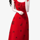 2025 Summer New Red Floral Pleated V-Neck Sleeveless Long Holiday Dress R0955