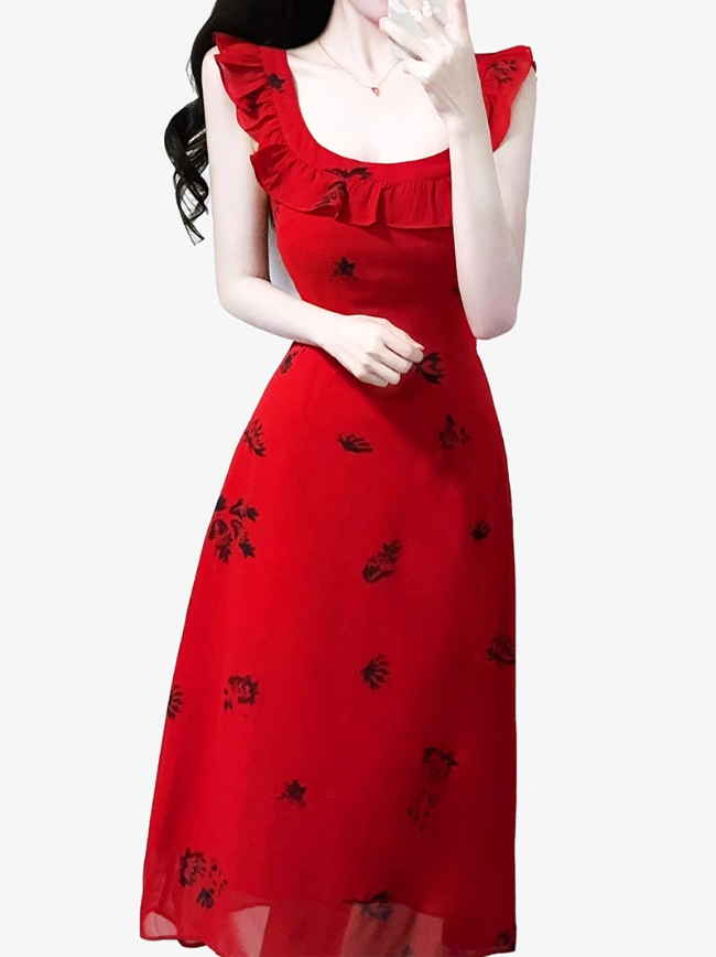 2025 Summer New Red Floral Pleated V-Neck Sleeveless Long Holiday Dress R0955