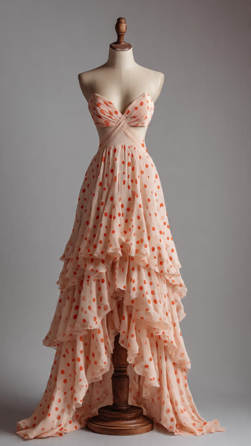 Sexy Orange Ruffled Summer Dress A-Line Strapless Polka Dots Maxi Prom Dress RS706
