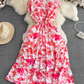 High-end, light luxury temperament flying sleeves V-neck waist slimming A-line ruffled printed dress R0353