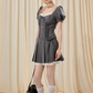 College style lace stitching gray puff short sleeve waist pleated dress R5210