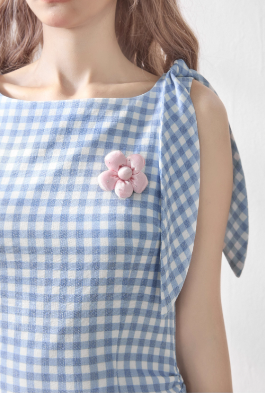 Blue and White Checkerboard Pleated Fitted Dress R5247