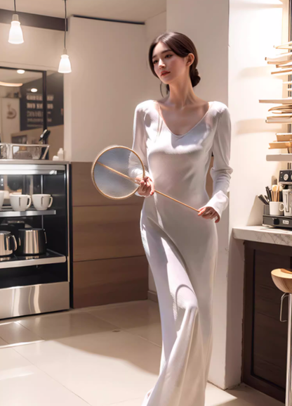 French V-neck satin long-sleeved dress, elegant waist and hip-hugging beautiful long dress R1462