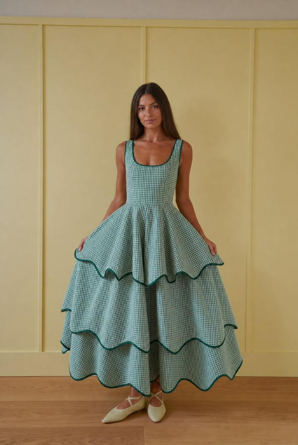 Plaid Frilled Corset Prom Gown , Green Minimalist Women's Maxi Casual Dress RS2547