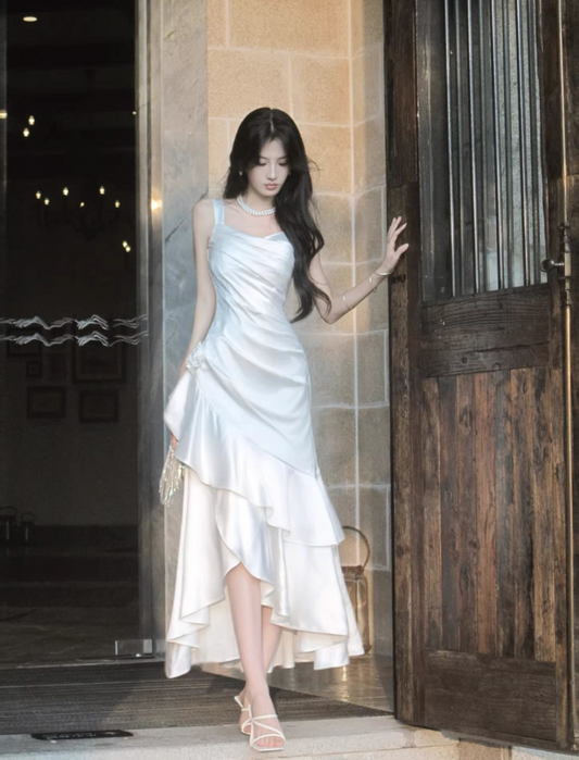 Stunning Silky Ruffled Prom Gown White Women's Maxi Evening Dress Party Dress RS2832