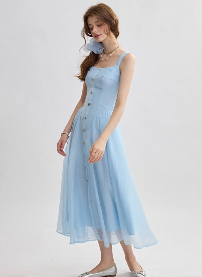French suspender skirt blue dress sweet style sleeveless long skirt small skirt women summer R3493